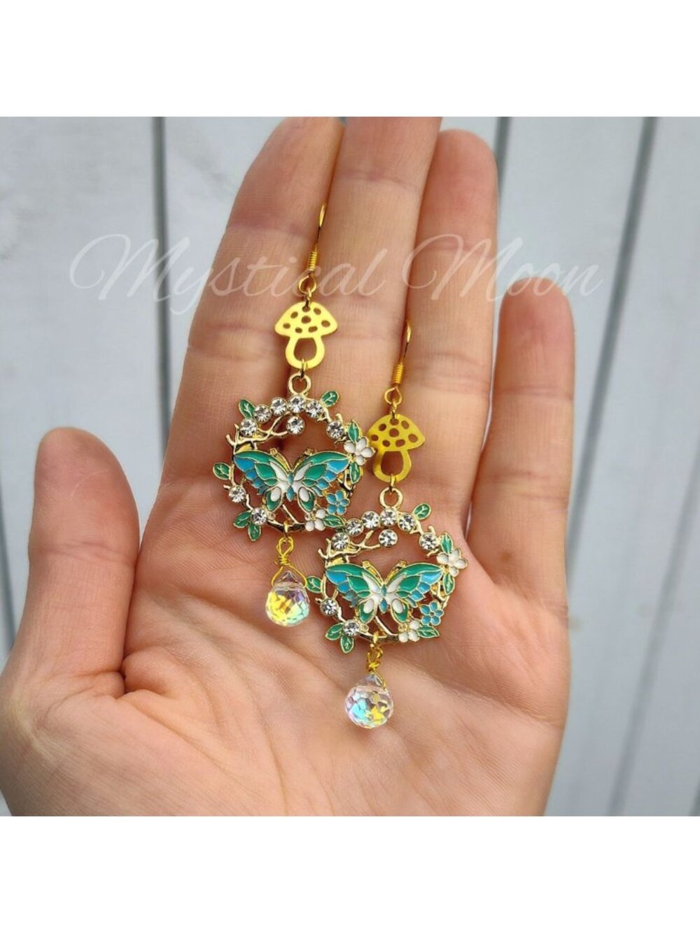 Whimsical Butterfly Earrings with Gold Mushrooms and Crystal Drops Enchanted